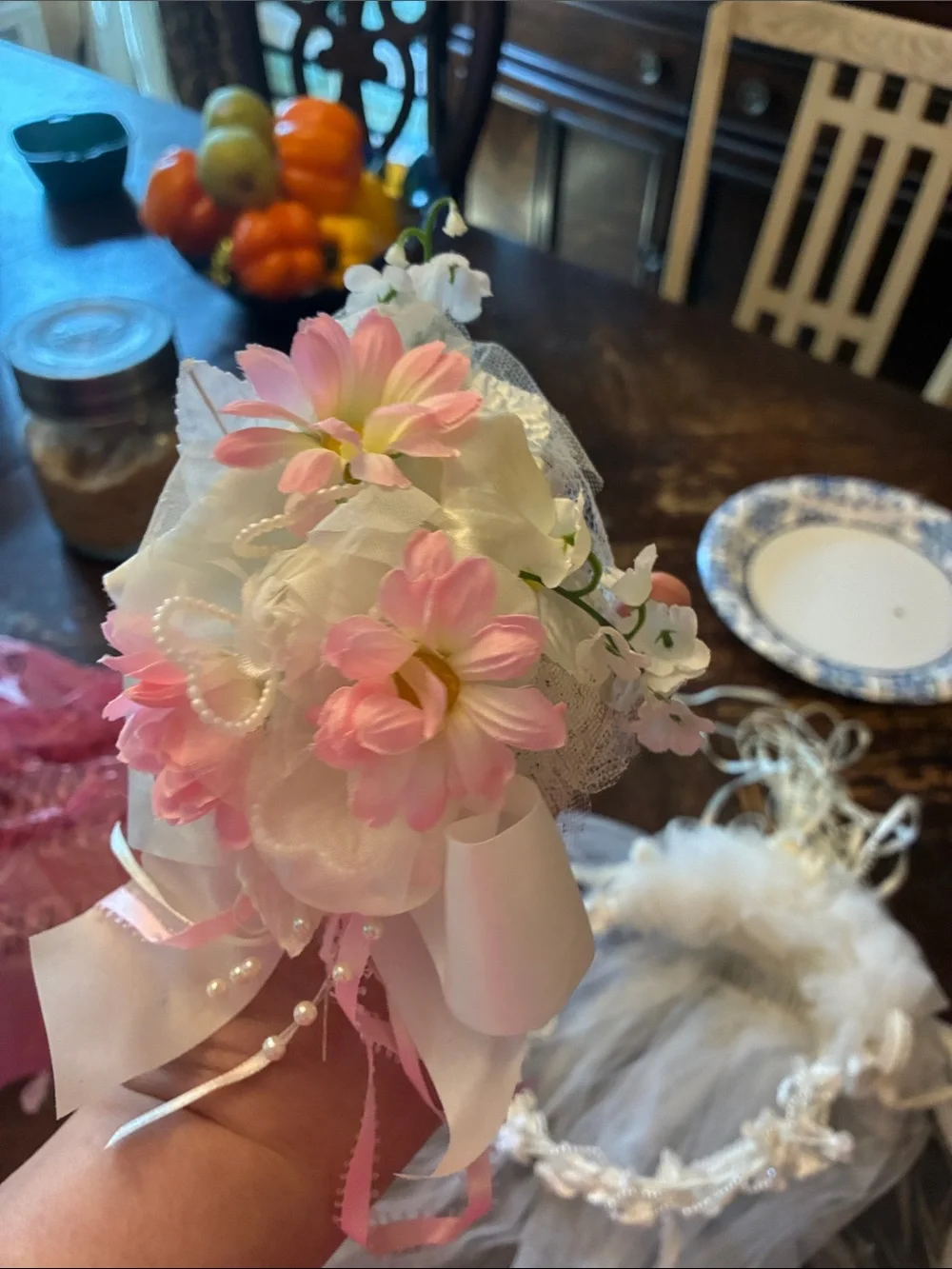 Hand Crafted Pink and White Floral Wrist Corsage